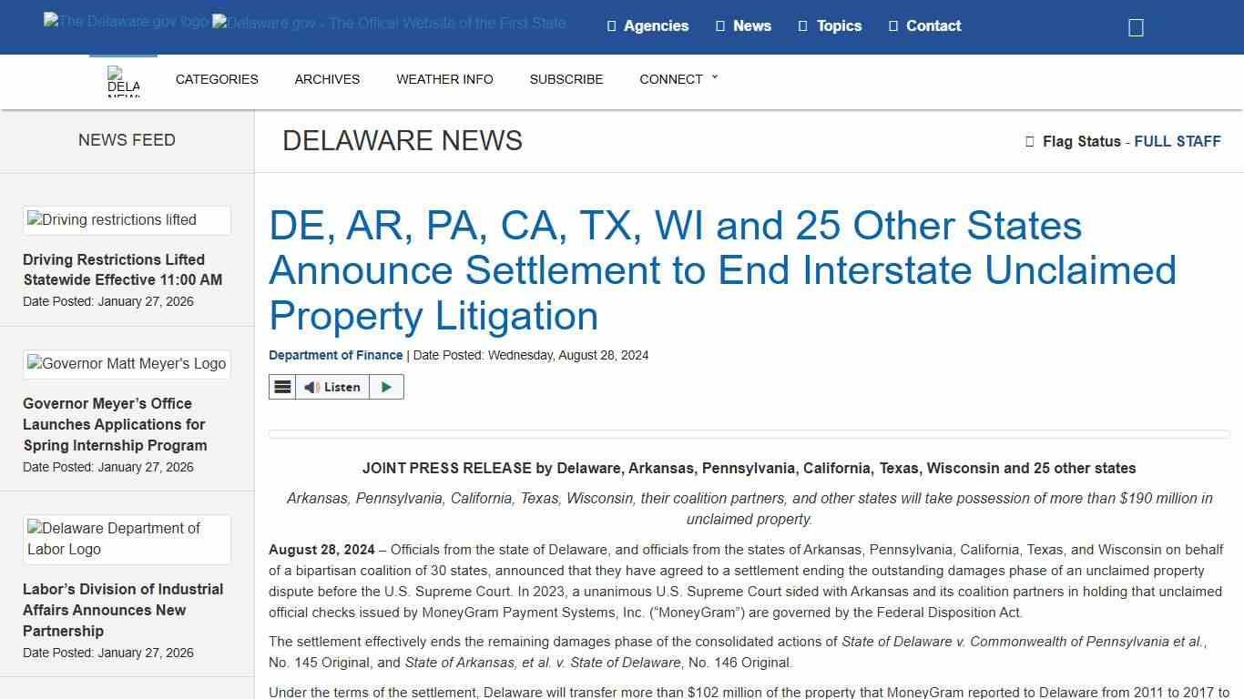 DE, AR, PA, CA, TX, WI and 25 Other States Announce Settlement to End Interstate Unclaimed Property Litigation - State of Delaware News